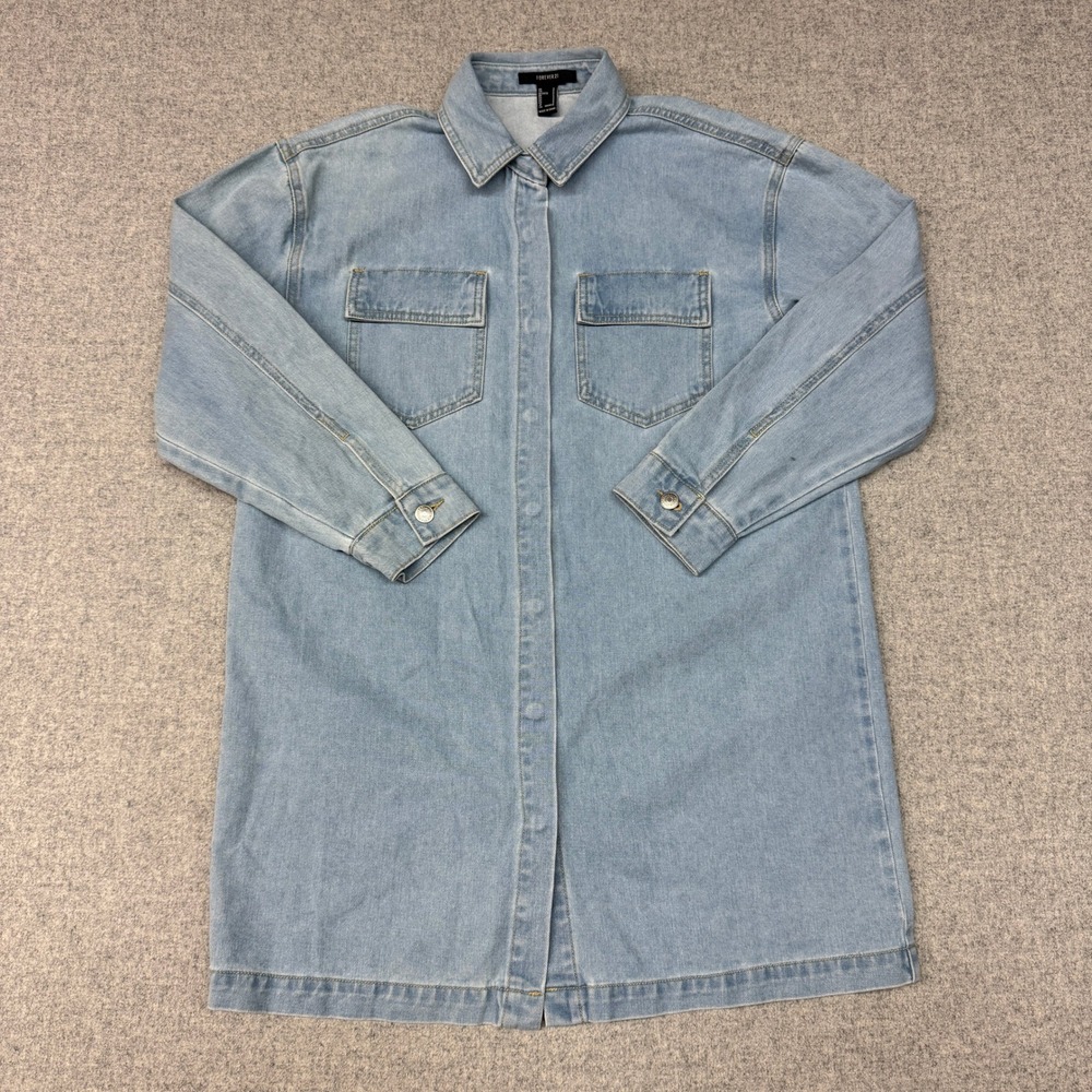 Forever 21 Denim Shirt Dress Small Light Wash Blue Hidden Snap Front Long Sleeve
